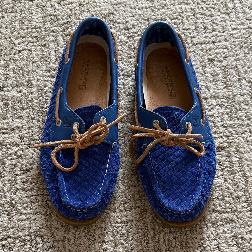Sperry Royal Blue Suede Textured Boat Shoes with Brown Laces